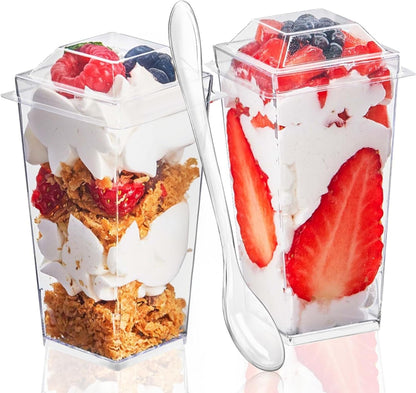 TOFLEN 50 Pack 5 oz Plastic Dessert Cups with High Lids for Party, Mini Dessert Cups with Spoons Dessert Shooter Cups for Yogurt Parfait, Appetizer, Pudding, Fruit and Ice Cream