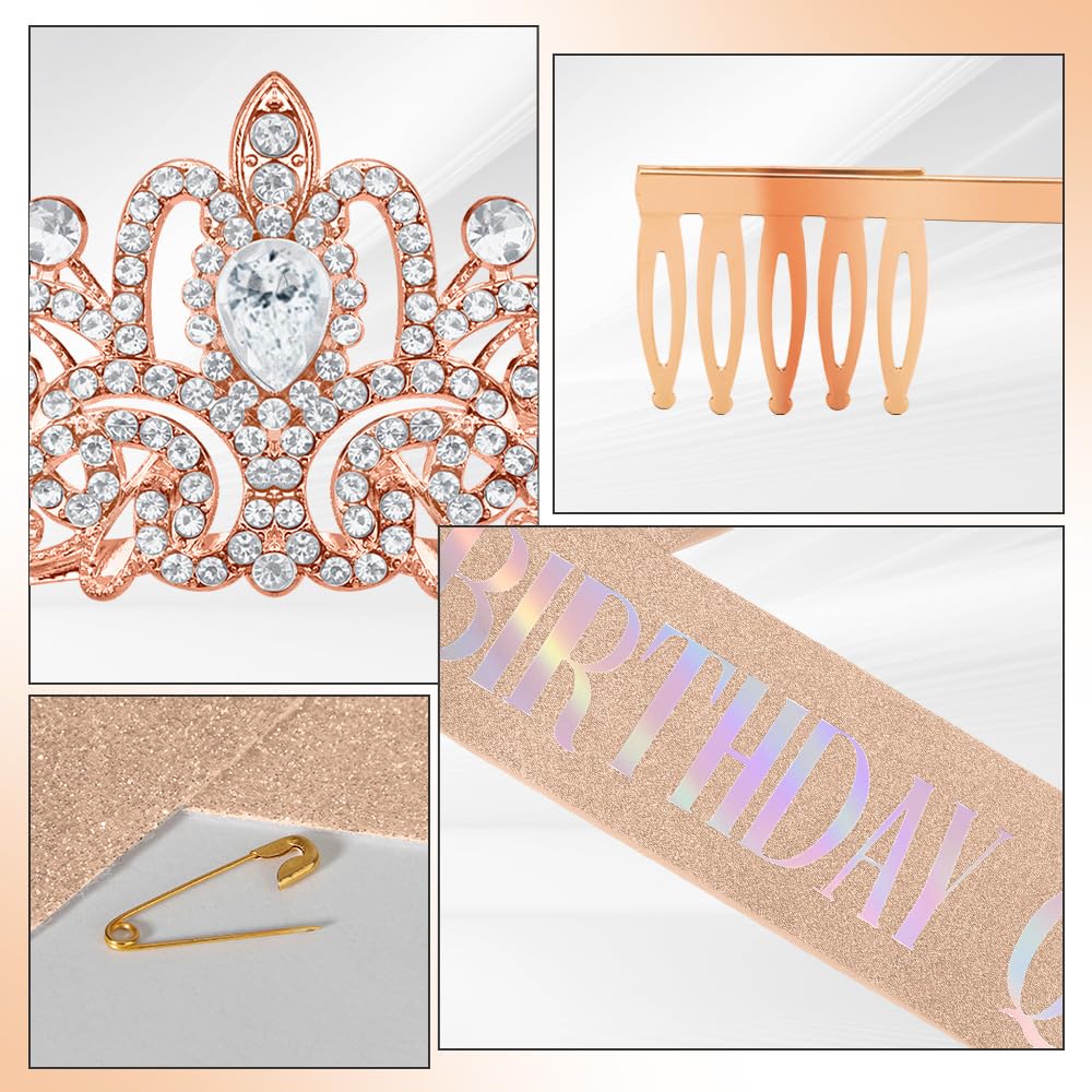 Birthday Sash for Women,Birthday Crown Tiaras for Women,Gold Rhinestone Queen Sash and Crown Tiara Headband for Party Decorations