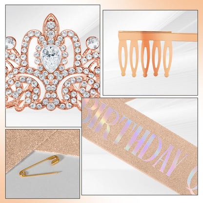 Birthday Sash for Women,Birthday Crown Tiaras for Women,Gold Rhinestone Queen Sash and Crown Tiara Headband for Party Decorations