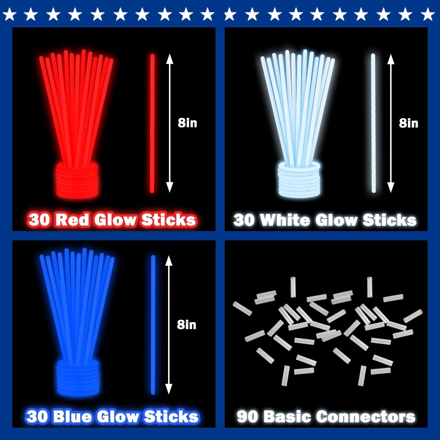 4th of July Red White Blue Glow Sticks Party Favors for Kids 90 PCS,Light Up Bracelets Necklaces for Fourth of July,Memorial Day Accessories Decorations,250th Patriotic Gift Treat Goodie Bag Stuffers