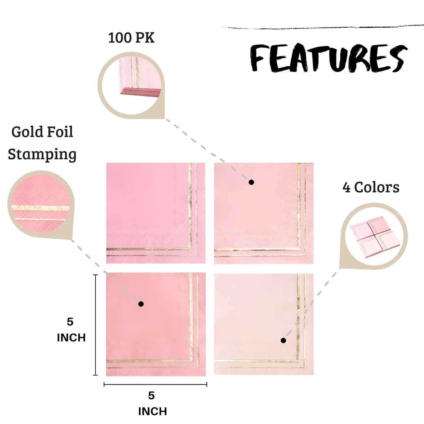 100 PK Gold Napkins - 4 Assorted Designs - 3-Ply Cocktail Napkins Folded 5 x 5 Inches Bar Napkins Disposable Party Napkins Paper Napkins Dinner for Wedding Baby Shower Birthday Graduation 2023