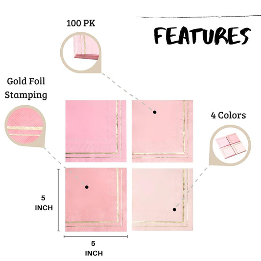 100 PK Gold Napkins - 4 Assorted Designs - 3-Ply Cocktail Napkins Folded 5 x 5 Inches Bar Napkins Disposable Party Napkins Paper Napkins Dinner for Wedding Baby Shower Birthday Graduation 2023
