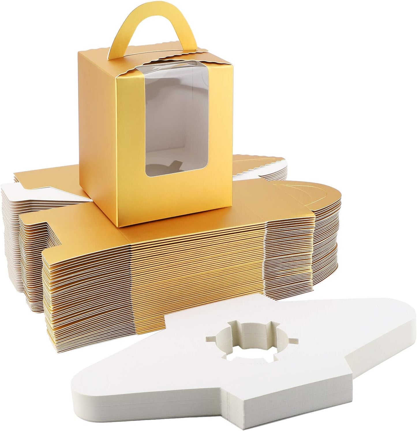 EUSOAR Gold Cupcake Boxes, 25pcs 3.6"x 3.6"x 4.3" Single Cupcake Carrier with Window Insert and Handle, Kraft Pastry Containers, Muffins Cupcake Carriers for Bakery Wrapping Party Favor Packing
