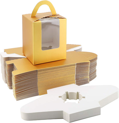 EUSOAR Gold Cupcake Boxes, 25pcs 3.6"x 3.6"x 4.3" Single Cupcake Carrier with Window Insert and Handle, Kraft Pastry Containers, Muffins Cupcake Carriers for Bakery Wrapping Party Favor Packing