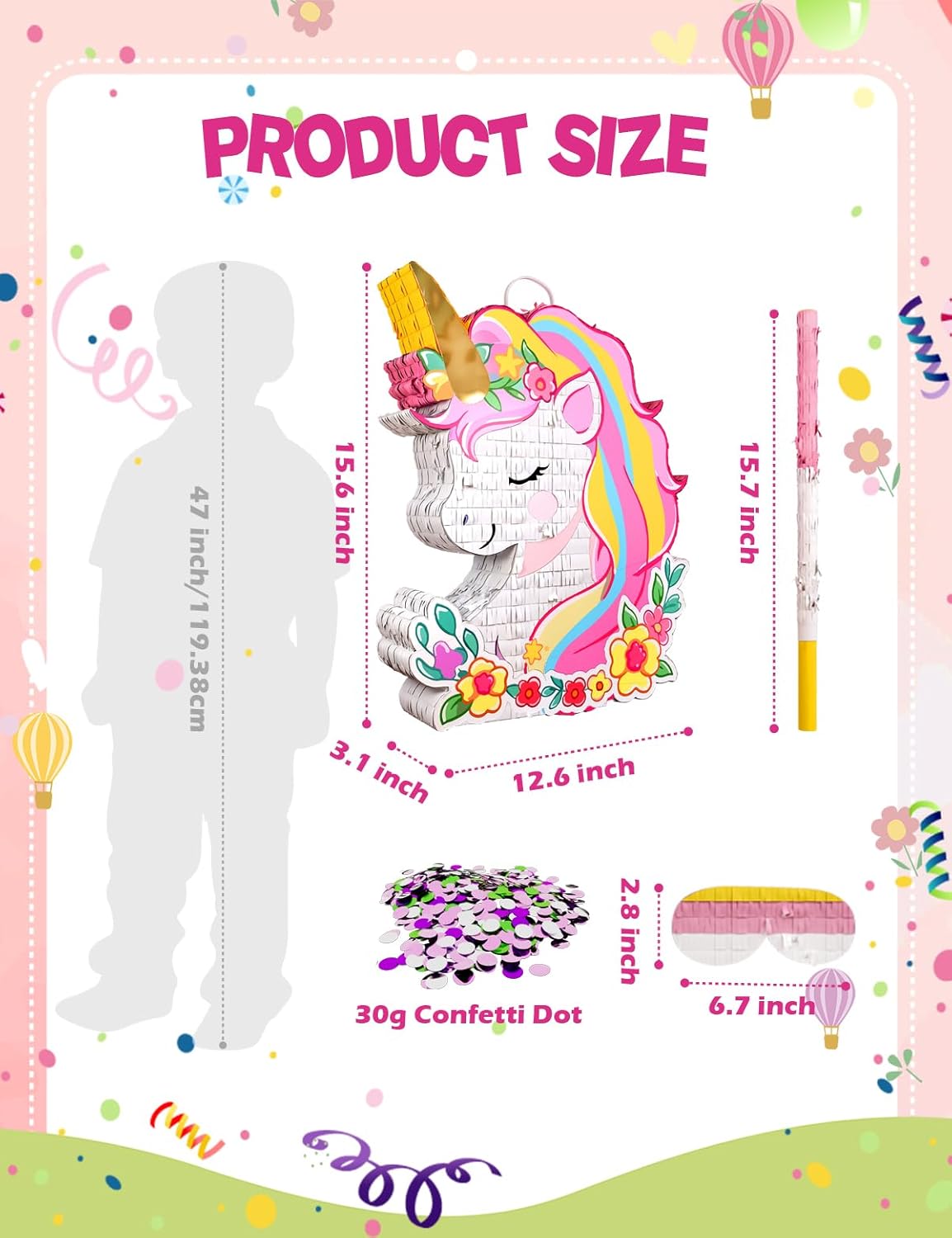 Unicorn Piñata for Birthday Party Girl, Princess Party Piñata with Wood Stick, Blindfold & Confetti, Rainbow Unicorn Birthday Decoration (15.6"x12.6"x3.1")