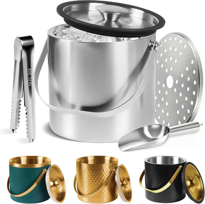 Ice Bucket, Ice Bucket with Silicone Sealing Ring Double-Wall Vacuum Insulation Champagne Buckets with Filter Layer Ice Tongs Ice Scoop (Gold, 3 L)