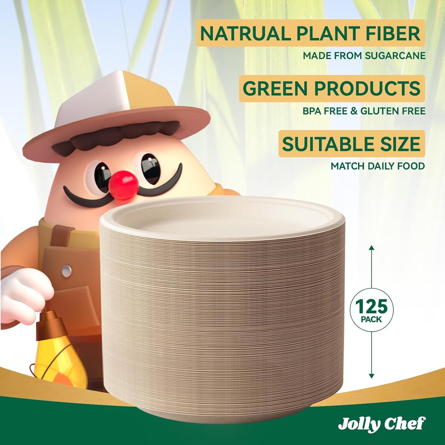 JOLLY CHEF Compostable Heavy Duty Plates 𝟭𝟬 𝗜𝗻𝗰𝗵 [𝟯𝟬𝟬 𝗣𝗮𝗰𝗸] Eco-Friendly Disposable Paper Plates Made of Bagasse Biodegradable Bulk for Party Dinner Sugarcane Thanksgiving Day (Natural)