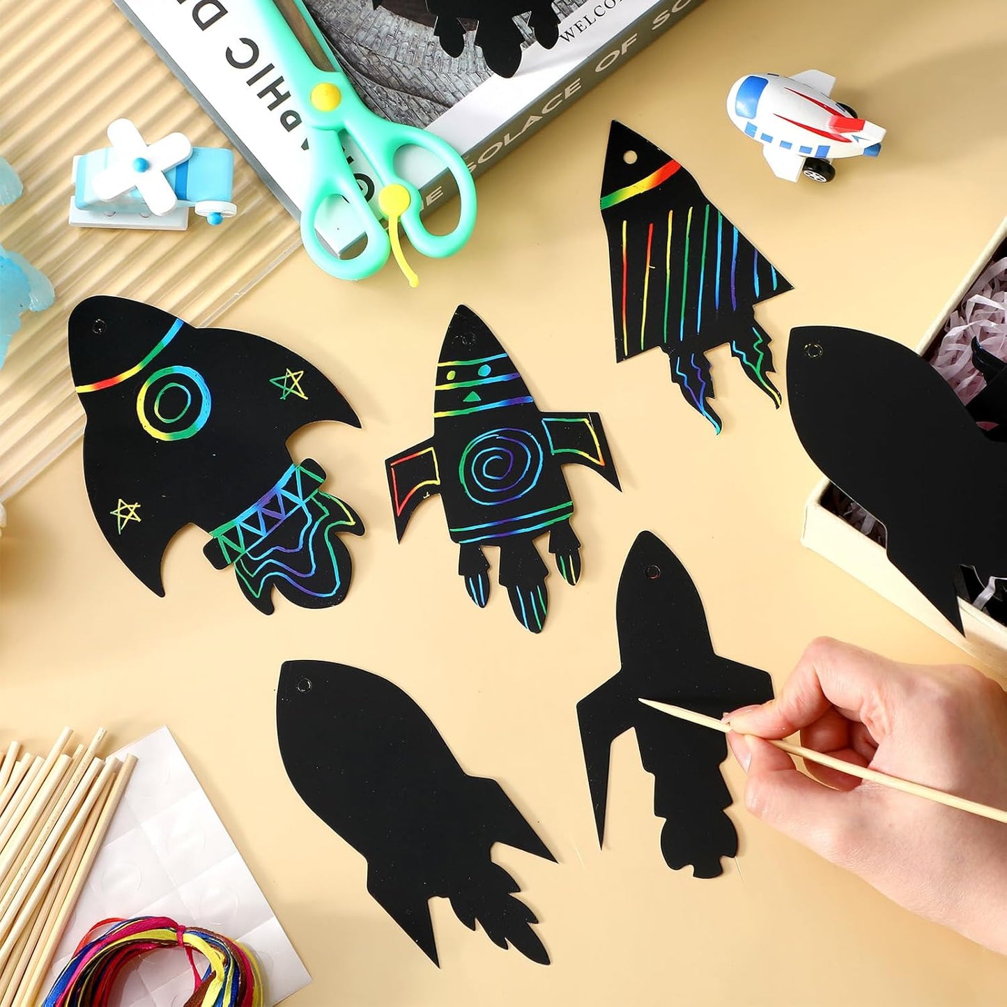 Liliful 48 Set Rocket Scratch Cards Space Theme Party Scratch Crafts Paper Card Art Favors for Adult DIY Crafts Home Decoration Project, 6 Styles
