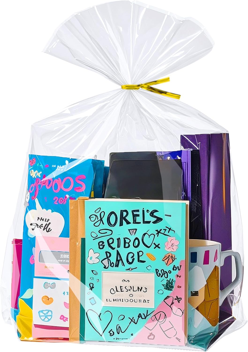 PigPotParty Cellophane Treat Bags 6x9 Inch, 50 Pack Clear Goodie Bags with Bottom Gusset for Stand-Up Display, Small Plastic Gift Wrap for Cookies, Candy, Party Favors, Popcorn, Includes 50 Gold Ties