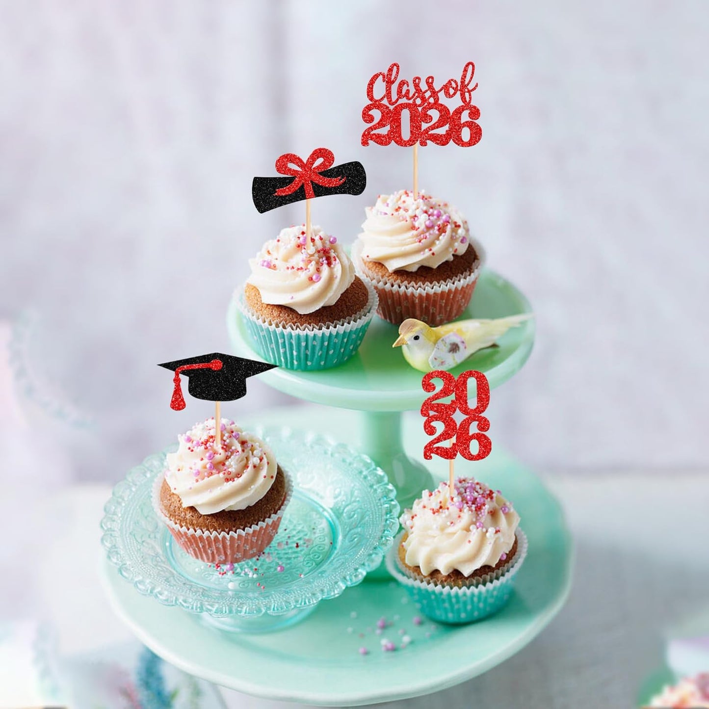 36 PCS 2026 Graduation Theme Cupcake Toppers Glitter Class of 2026 Grad Cap Diploma Cupcake Picks 2026 Graduation Theme Party Cake Decorations Supplies Deep Blue