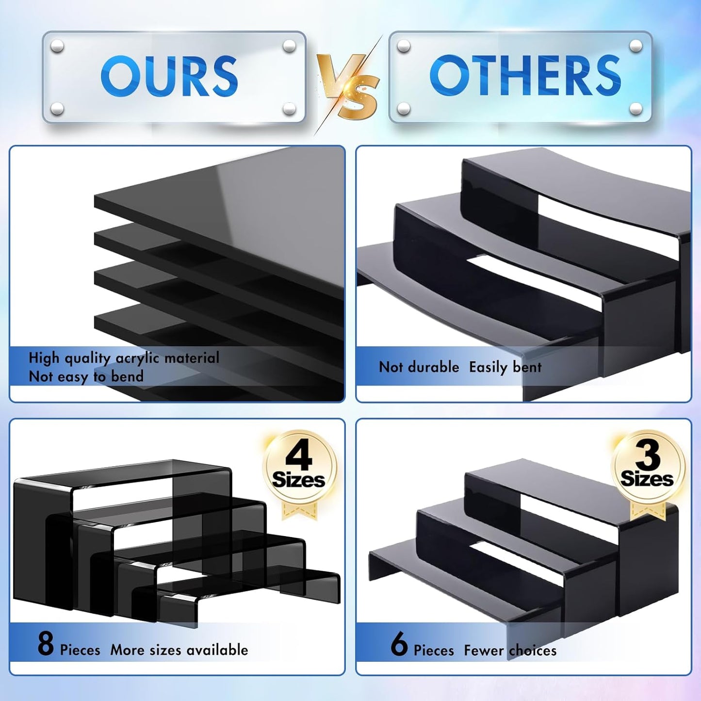 Aheroi Large Acrylic Risers, 10 Pcs 2 Set(7”L~8”L~9”L) Riser Display Shelf, Clear Rectangular Display Stands Set, Transparent Shelves for Decor, Showcase Holder for Cupcake