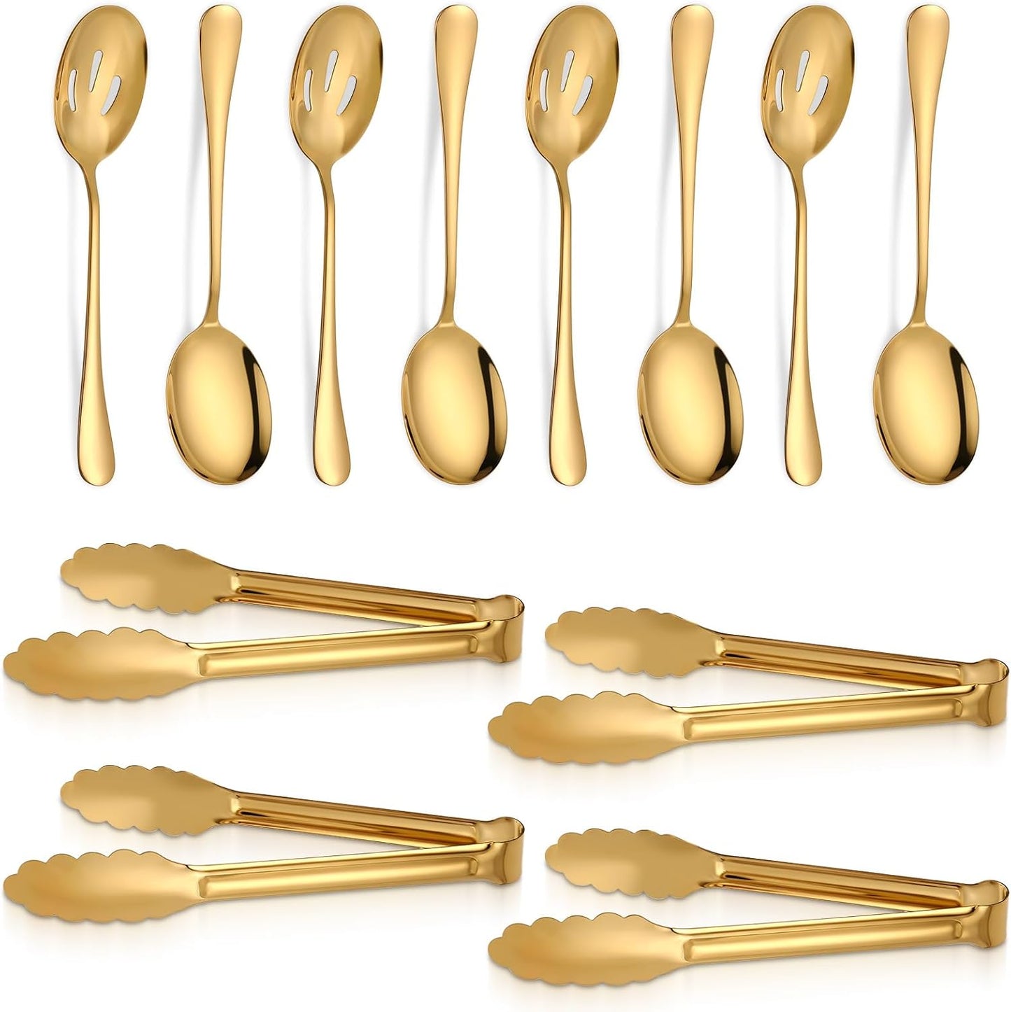 12 PCS Gold Stainless Steel Serving Utensils, Large Serving Spoons Slotted Spoons Servings Tongs Appetizer Tongs Polished Gold Servings Utensils Set for Buffet Catering Banquet Party