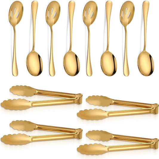 12 PCS Gold Stainless Steel Serving Utensils, Large Serving Spoons Slotted Spoons Servings Tongs Appetizer Tongs Polished Gold Servings Utensils Set for Buffet Catering Banquet Party