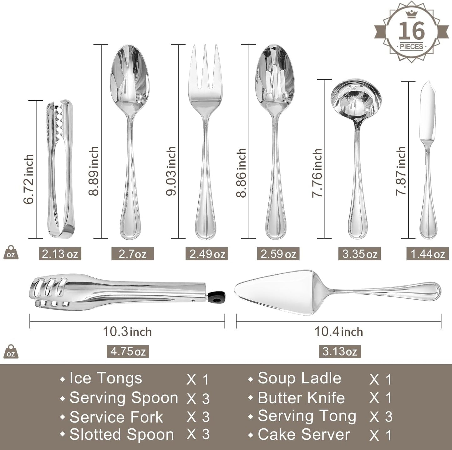 KINGSTONE 8 Piece Teardrop Serving Utensils Set, 18/10 Stainless Steel Serving Utensils, Slotted Spoons, Forks, Tongs, Cake Server, Butter Knife for Buffet, Catering, Wedding, Party