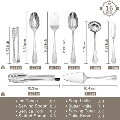 KINGSTONE 8 Piece Teardrop Serving Utensils Set, 18/10 Stainless Steel Serving Utensils, Slotted Spoons, Forks, Tongs, Cake Server, Butter Knife for Buffet, Catering, Wedding, Party