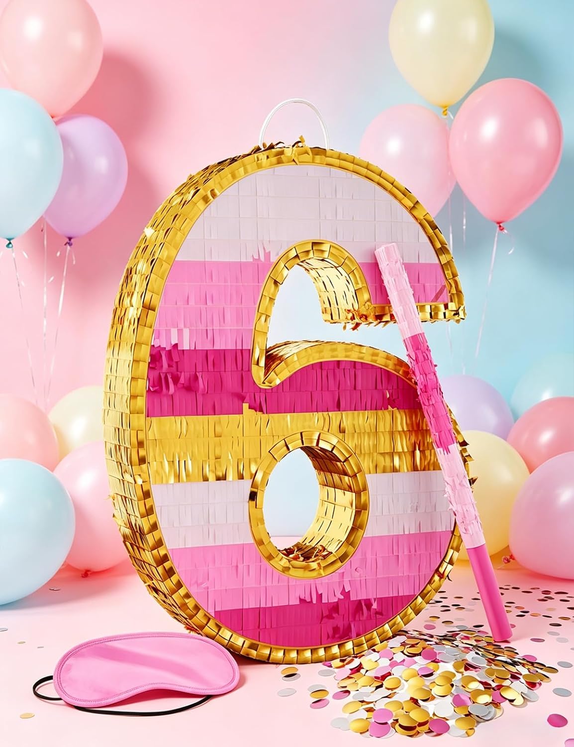 Number 5 Piñata with Stick, Blindfold & Confetti-Pink Piñata for Birthday Parties, Complete Party Game Set for Kids Girls-Gradient Pink Birthday Decor with Fillable Design(Small, 16.5 x 11.5 x 3 In)