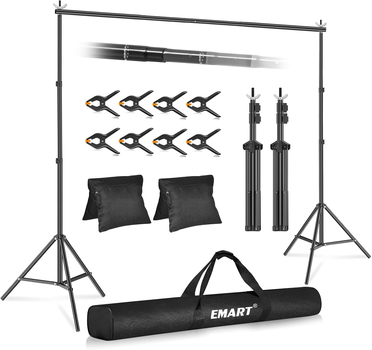 EMART Backdrop Stand 10x7ft(WxH) Photo Studio Adjustable Background Stand Support kit with 2 Crossbars, 8 Clamps, 2 Sandbags and Carry Bag for Parties, Events Decoration, Wedding, Photography -White