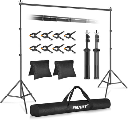 EMART Backdrop Stand 10x7ft(WxH) Photo Studio Adjustable Background Stand Support kit with 2 Crossbars, 8 Clamps, 2 Sandbags and Carry Bag for Parties, Events Decoration, Wedding, Photography -White