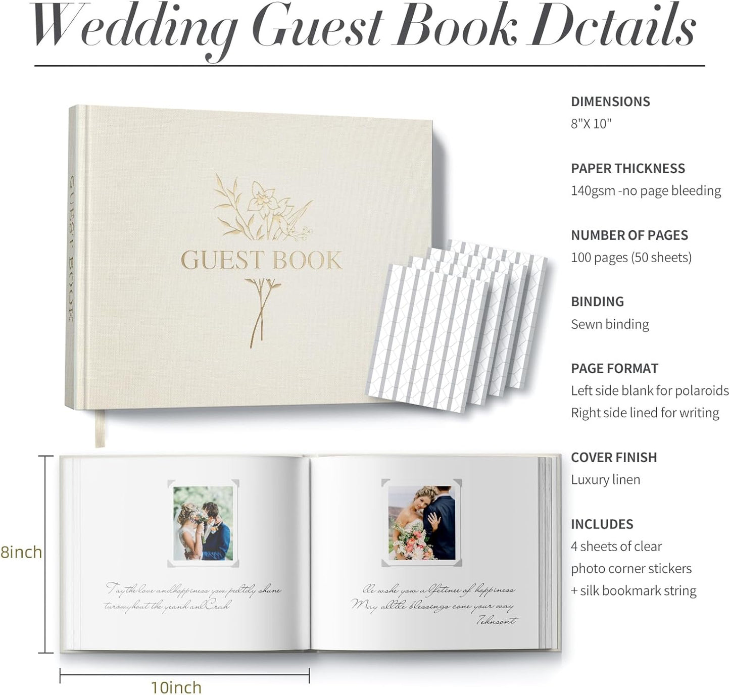 Wedding Guest Book for Memorial Service with 216 Photo Corners Stickers, Linen Guestbook to Sign at Bridal Shower or Wedding Reception Party,100 Pages, Blank Thick Paper Books for Baby Shower- Sage
