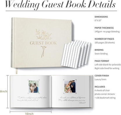 Wedding Guest Book for Memorial Service with 216 Photo Corners Stickers, Linen Guestbook to Sign at Bridal Shower or Wedding Reception Party,100 Pages, Blank Thick Paper Books for Baby Shower- Sage