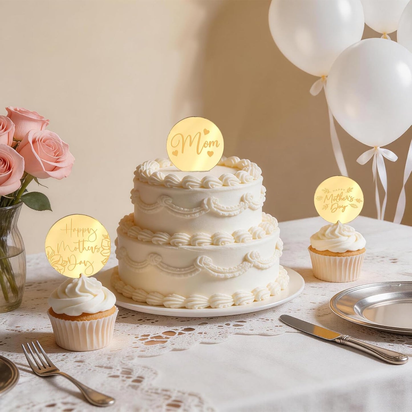 20pcs Gold Mirror Acrylic Happy Birthday Cupcake Toppers Round Engraved Cake Picks Happy Birthday Cake Toppers for DIY Birthday Gift Flower Bouquet Pastries Desserts Decor