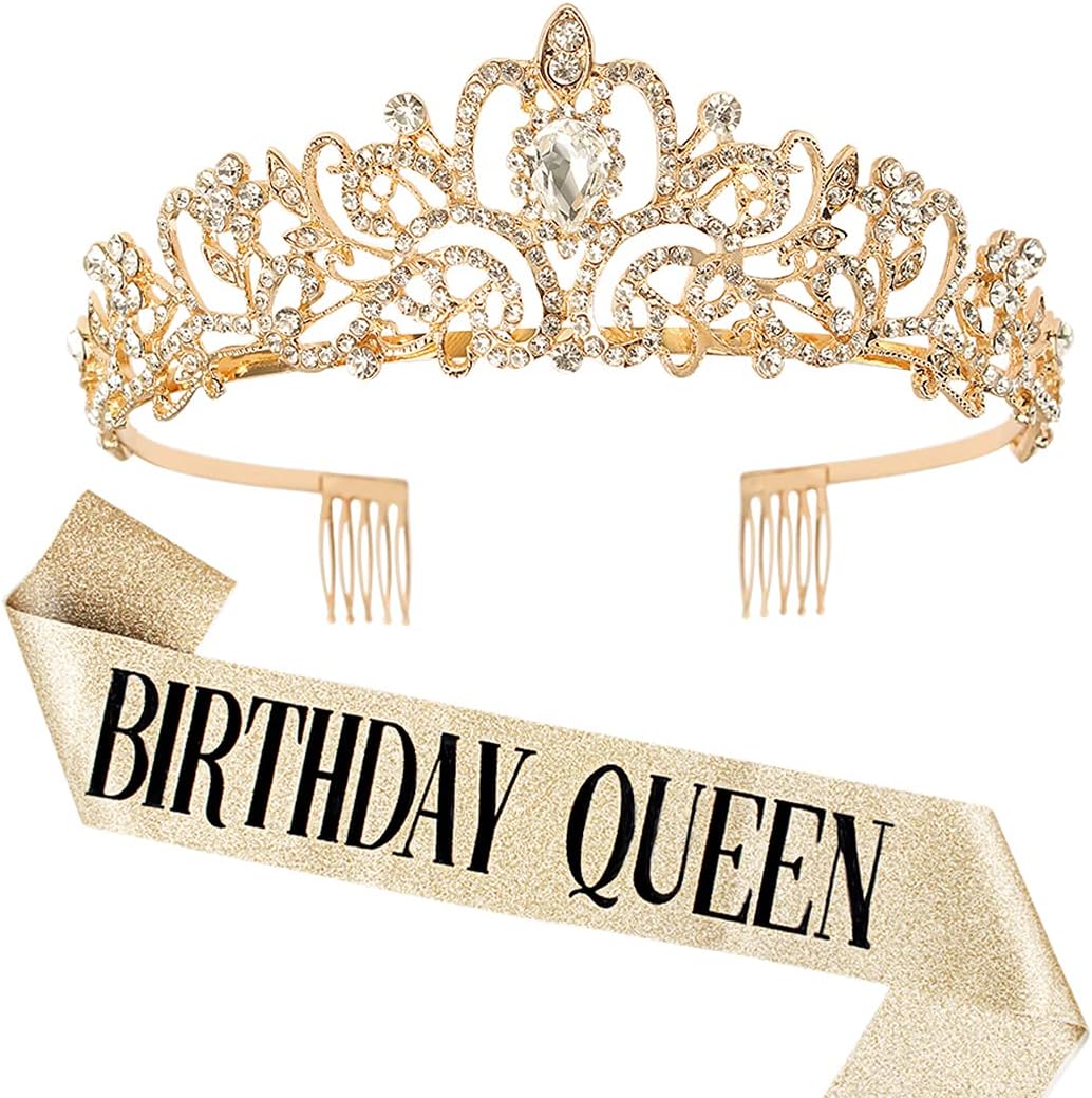 COCIDE Birthday Queen Sash & Rhinestone Tiara Set Gold Happy Birthday Crowns for Women Party Decoration Kit Rhinestone Headband for Women Glitter Crystal Hair Accessories for Cake Topper