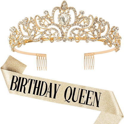COCIDE Birthday Queen Sash & Rhinestone Tiara Set Gold Happy Birthday Crowns for Women Party Decoration Kit Rhinestone Headband for Women Glitter Crystal Hair Accessories for Cake Topper