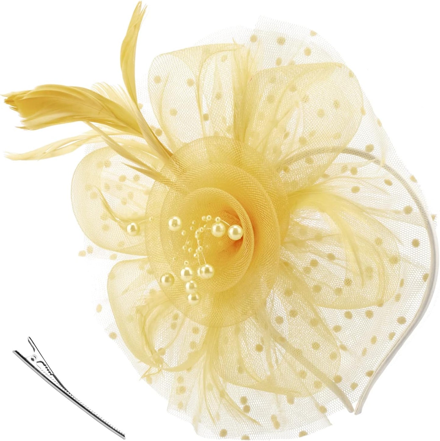 DRESHOW Fascinators Hat Flower Mesh Ribbons Feathers on a Headband and a Clip Tea Party Headwear for Girls and Women - Colors A