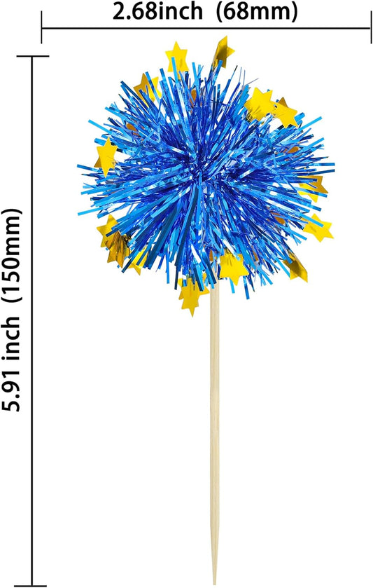 Ephlyn 30Pcs Foil Firework Cupcake Toppers Sparkle Tinsel Cupcake Picks Drink Stirrers Cocktail Food Fruit Toothpicks for Baby Shower Graduation Party Supplies White