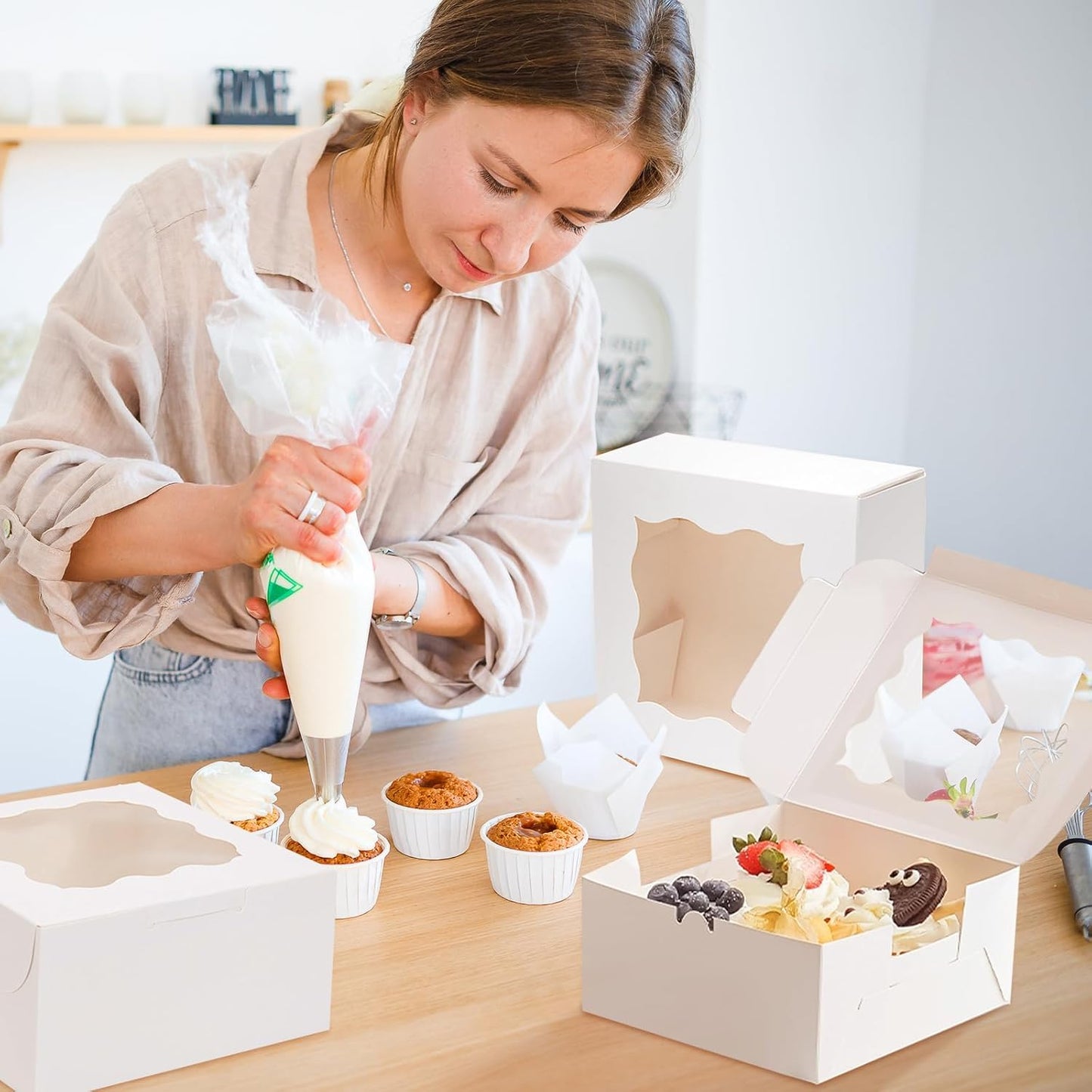 30pcs Cookie Boxes with Window, 6x6x3 Inches White Bakery Boxes, 36 Pcs Stickers,for Small Cookies, Treats, Candy, Desserts, Chocolate Covered Strawberries,Mini Cake Boxes