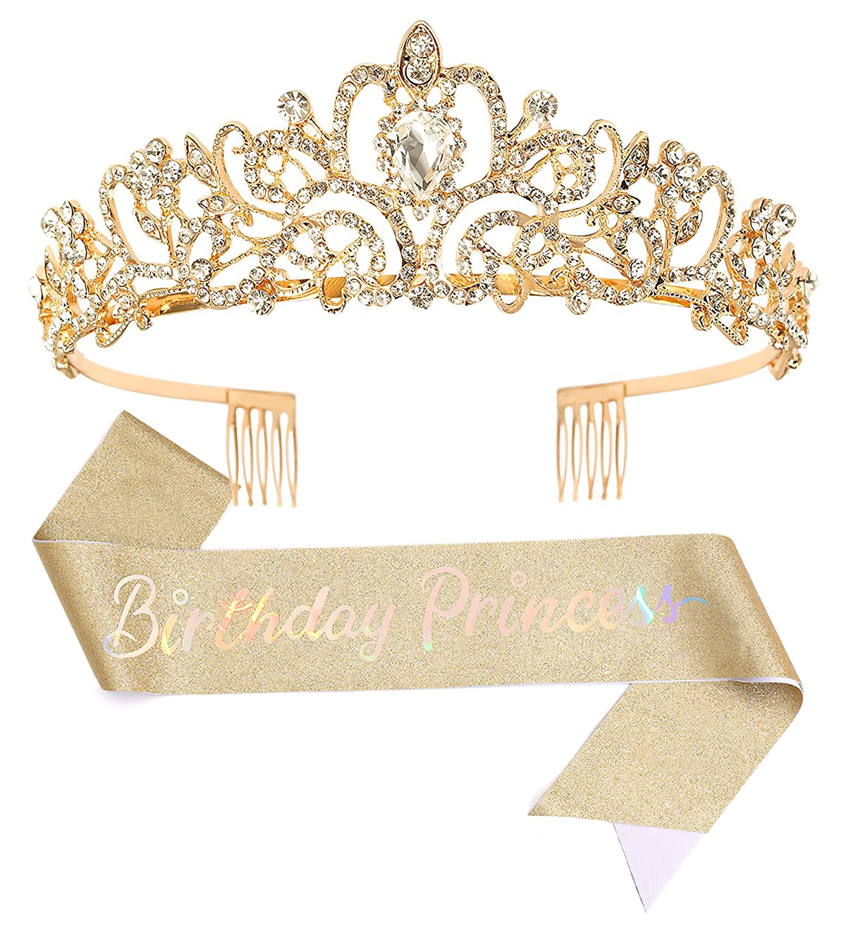 Birthday Tiara Crown with Sash for Women, Headband Hair Accessories for Wedding Party Costume
