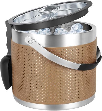 3.4Quart/3.2L Insulated Stainless Steel Ice Bucket with Lid, Scoop, Leather Design Double Wall Wine Bucket for Cocktail Bar, Parties (Dark Blue)