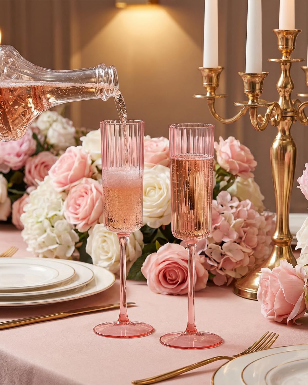 Ciaell 24 Pack Plastic Champagne Flutes - 6oz Ribbed Disposable Champagne Glasses - Clear Vintage Mimosa Glasses with Long Stem, Elegant for Weddings, Birthdays, Party