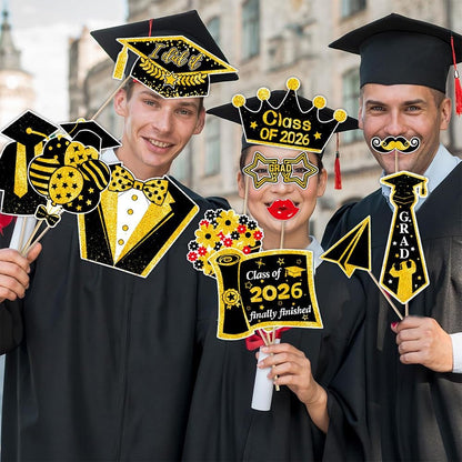 31 Pcs Graduation Photo Booth Props with Paper Big Frame 2026 Grad Party Supplies Gold Black Selfie Photo Props Funny Selfie Photos Frame Graduation Party Photography Decoration
