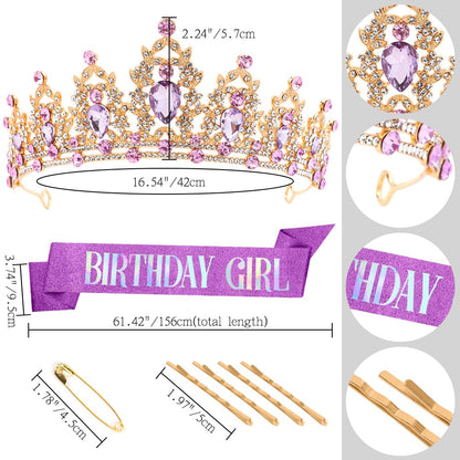 Silver Birthday Crown Headband with Sash for Women - Rhinestone Tiara for Birthday Parties