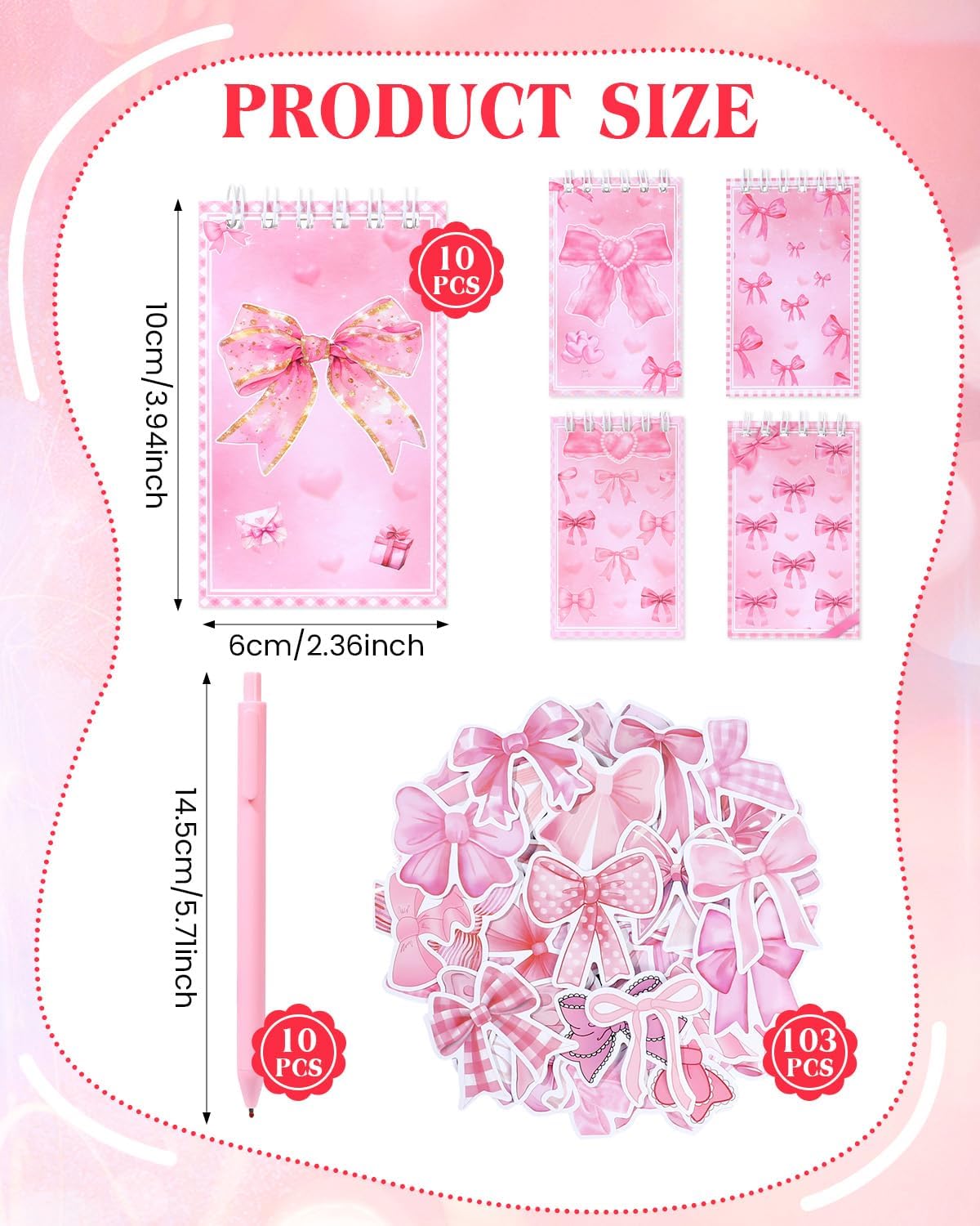 123 Pieces Bow Party Favors Coquette Pink Bow Spiral Notebook Cute Journal Ballpoint Pens Bow Stickers Set Pink Office Supplies for Bow Themed Birthday Party Supplies School Stationery Supply