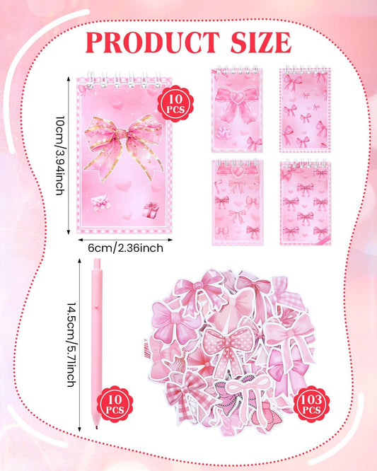 123 Pieces Bow Party Favors Coquette Pink Bow Spiral Notebook Cute Journal Ballpoint Pens Bow Stickers Set Pink Office Supplies for Bow Themed Birthday Party Supplies School Stationery Supply