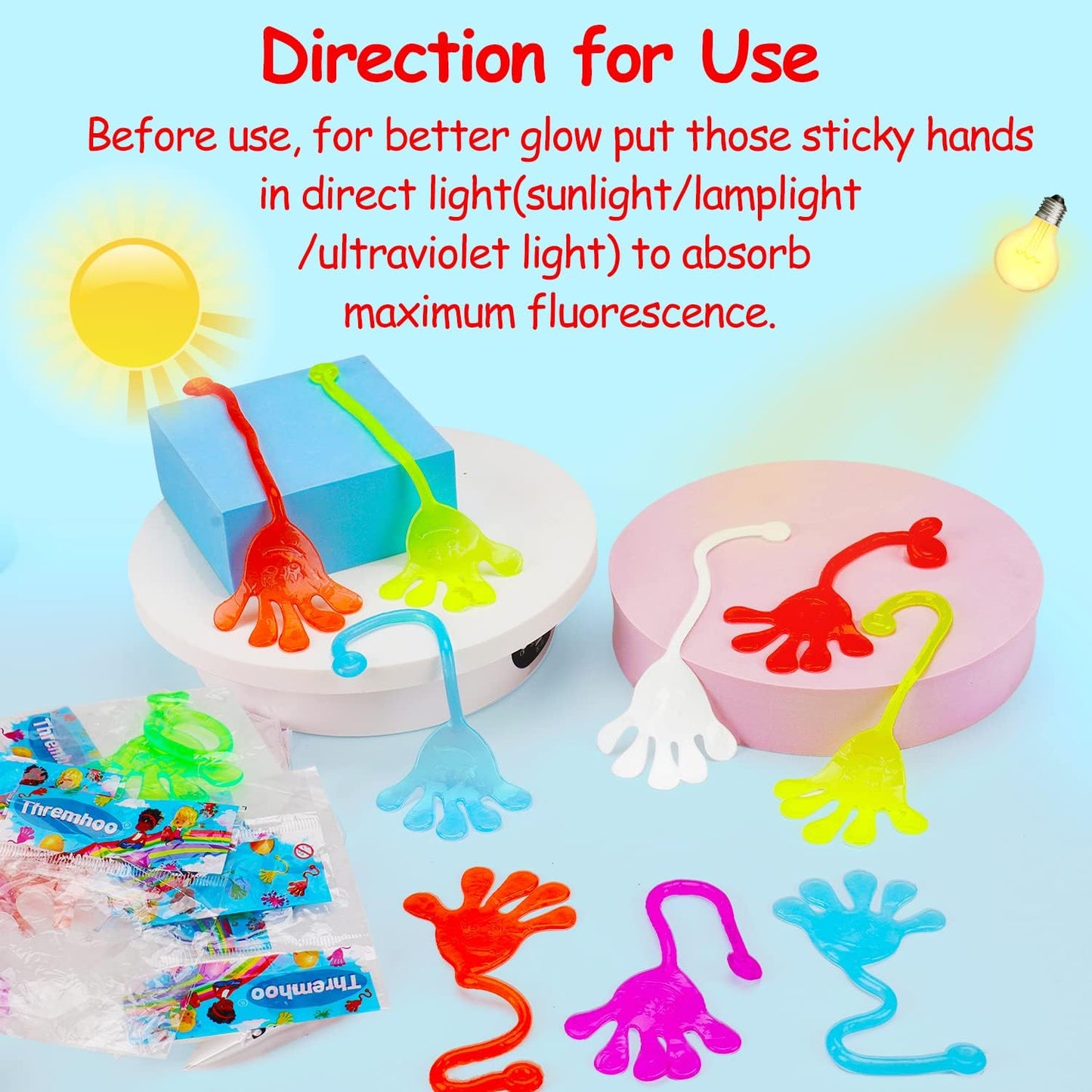 Thremhoo 40Pcs Glow in the Dark Sticky Hands Kids Party Favor Supplies Goodie Bag Stuffer Pinata Return Gift Stretchy Class Prize Carnival Sensory Goody Party Pinata Filler Treasure Box Bulk Toy