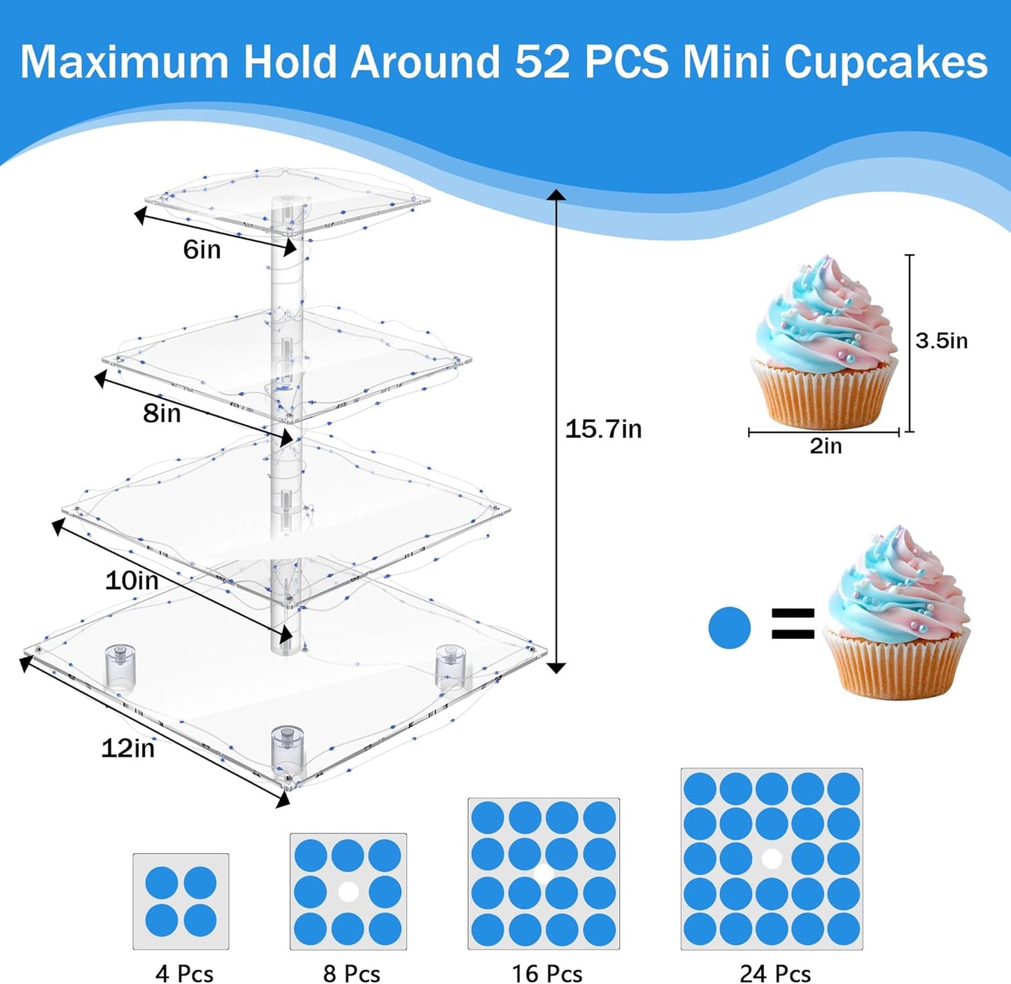 YestBuy Cupcake Stand with Yellow Led Lights, 4 Tier Cupcake Stand for 50 Cupcakes, Acrylic Cupcake Tower Stand, Clear Tiered Cupcake Holder for Birthday Cady Bar Décor Weddings, Parties Events