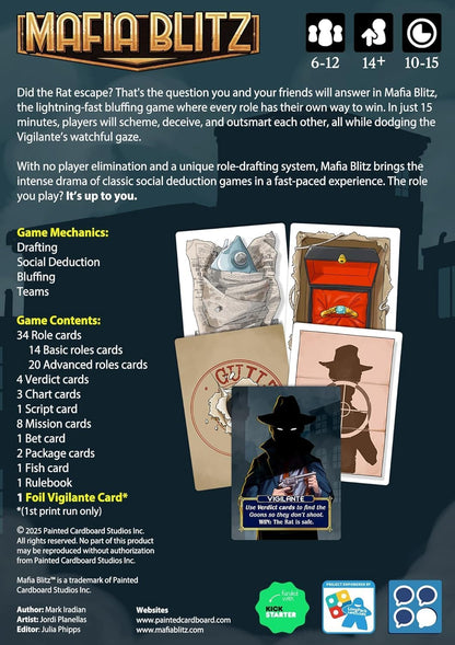 Mafia Blitz by Painted Cardboard Studios | Fast 10–15 Min Social Deduction Party Card Game | 6–12 Players | No Elimination, Role Drafting & Bluffing Fun | Ages 14+