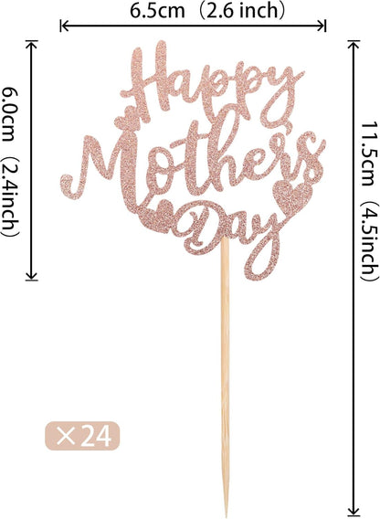 24 PCS Happy Mother's Day Cupcake Toppers with Glitter Heart Love Mother Best Mom Cupcake Picks for Happy Mother's Day Theme Women Birthday Party Cake Decorations Supplies Rose Gold
