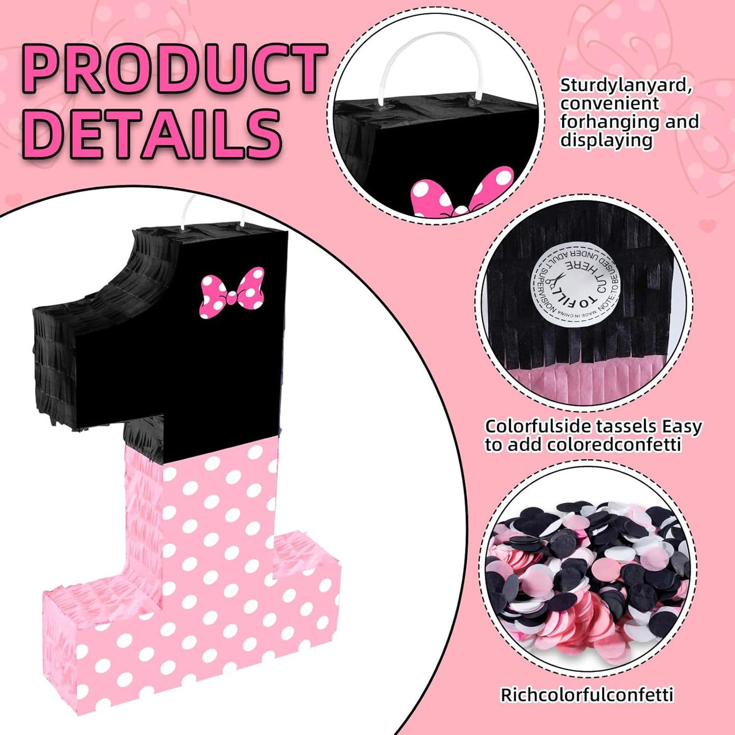 15.7 x 11.5 x 3 Inch Pink Bow Number 2 Pinata,Pink Bow Birthday Decorations, Fillable Hanging Piñata with Stick Blindfold Confetti for Girls Boys 2nd Anniversary Party Decorations