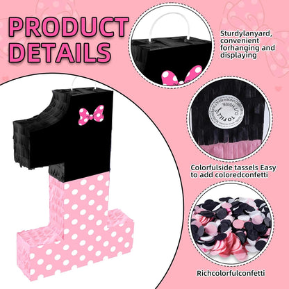 15.7 x 11.5 x 3 Inch Pink Bow Number 2 Pinata,Pink Bow Birthday Decorations, Fillable Hanging Piñata with Stick Blindfold Confetti for Girls Boys 2nd Anniversary Party Decorations