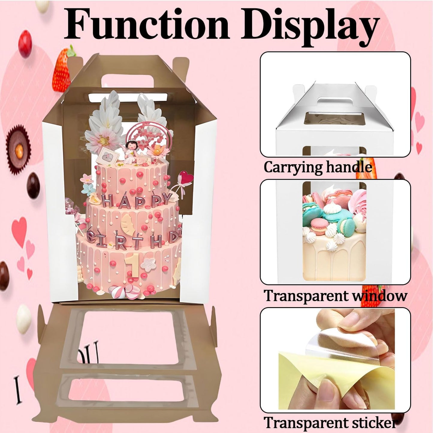 Cake Boxes - 2 Pack Tall Cake Box 12x12x14 Inch Disposable Layer Carrier with Window Large Tierd Cake Out Transport Containers with Handle for Wedding, Birthday, Party (White)