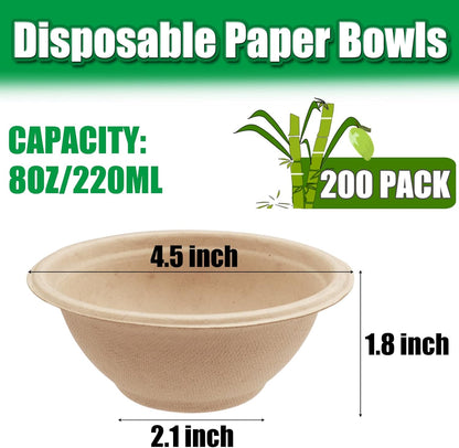 Tiaiidi 100 Pack 8 oz Disposable Paper Bowls,Compostable Bagasse Bowls,Small Biodegradable Heavy-Duty Bowls for Hot and Cold Food