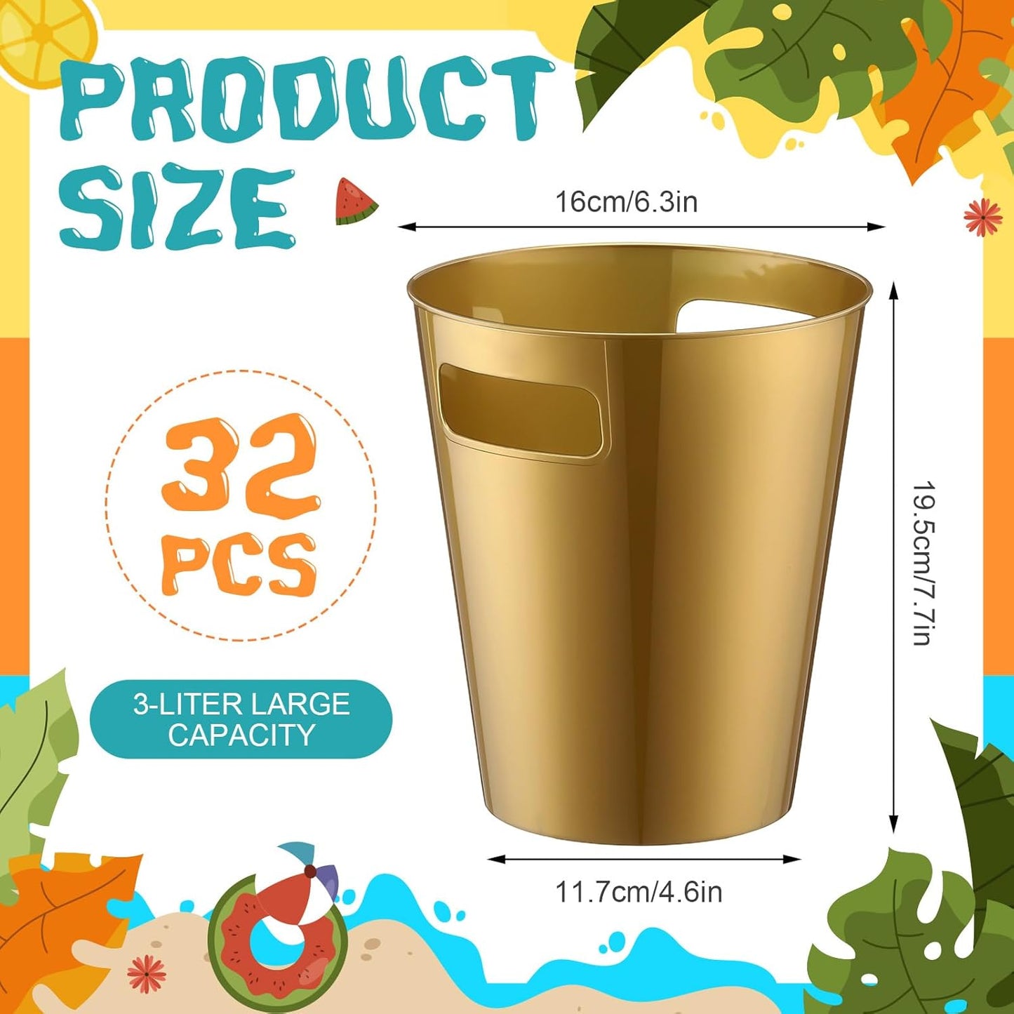 meekoo 32 Pack Gold Ice Buckets for Parties, 3l Plastic Beverage Bucket with Handle, Large Drink Tub Cooler for Champagne, Wine, Beer, and Soda, Beverage Tubs for Wedding, Bar, Table Display
