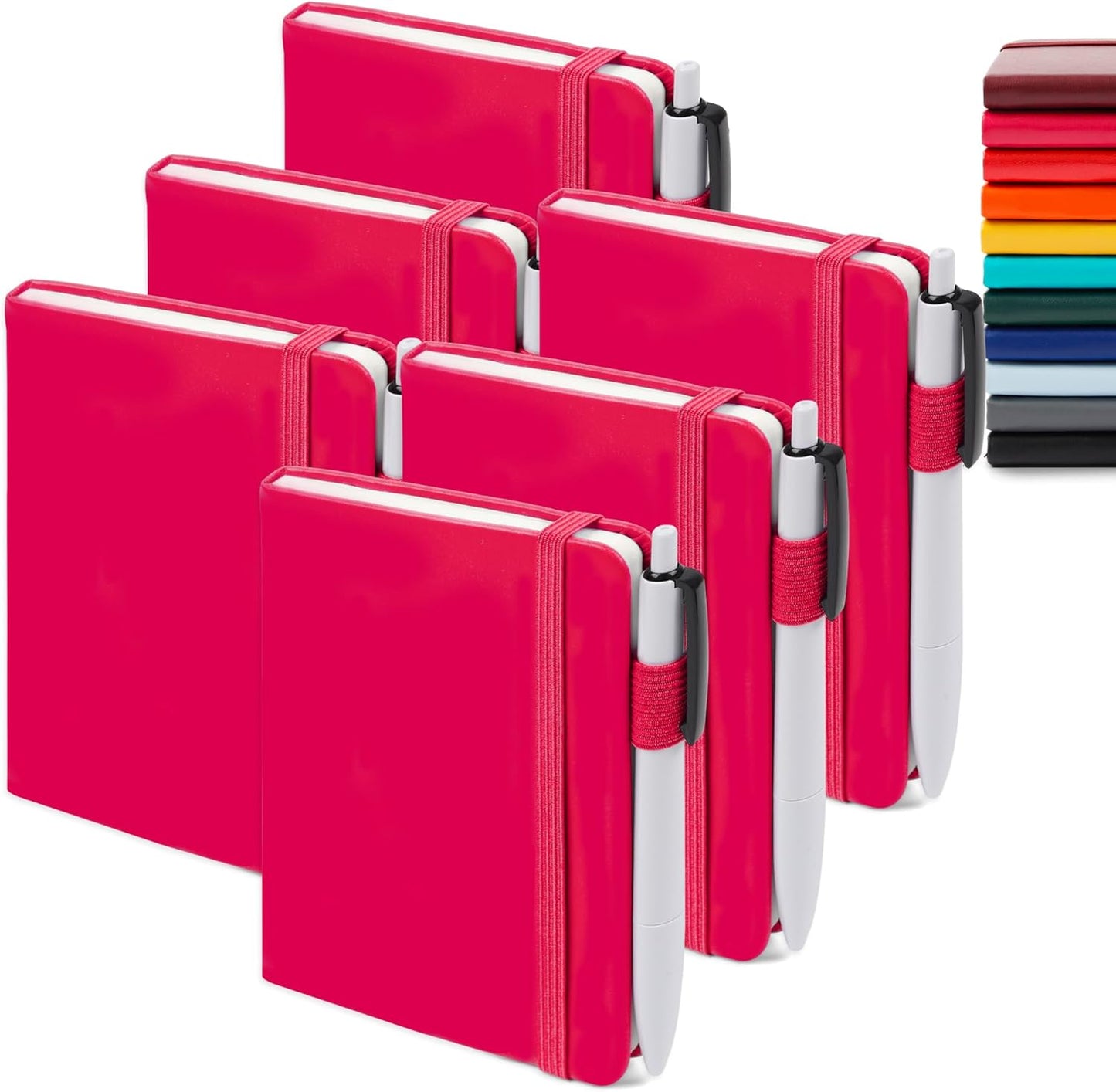 feela 6 Pack Pocket Small Notebooks Bulk, Mini Cute Memo Notepads Hardcover College Ruled Lined Journals with Pen Holder for Women Girls Office School, with 6 Black Pens, 3.5”x 5.5”, A6, Rose Pink