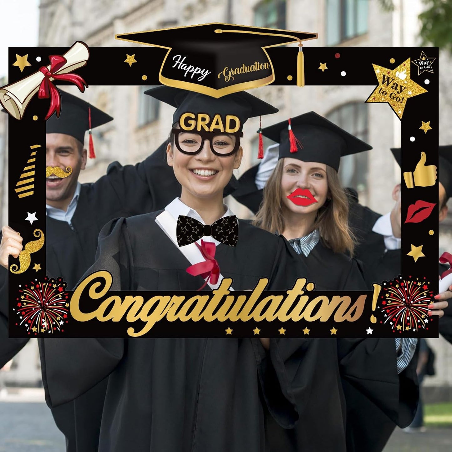 2026 Graduation Photo Booth Props,22Pcs Graduation Photo Booth Props,Funny Grad Party Selfie Props,Black Gold Selfie Photo Frame for High School and College Grads