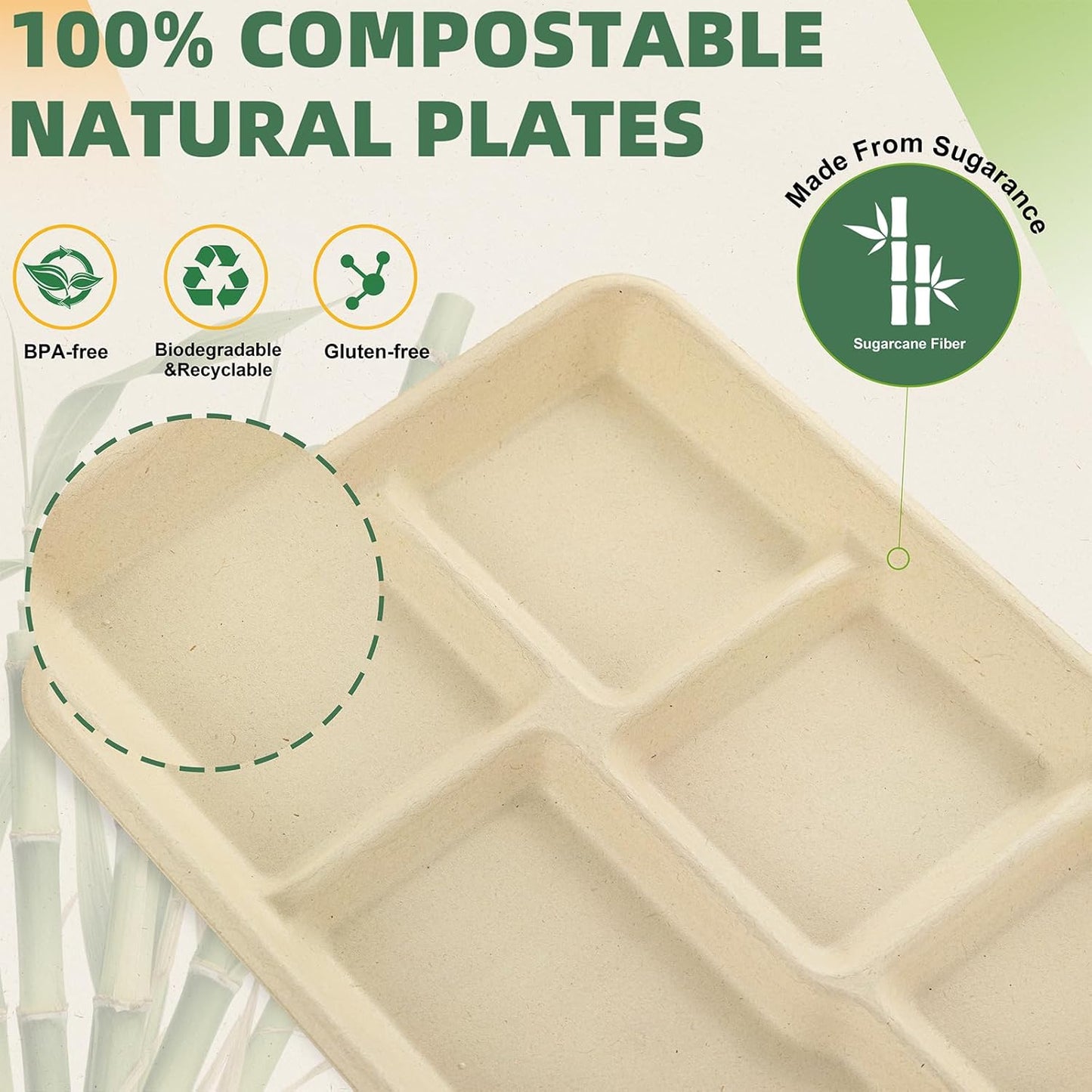 WELLIFE 100% Compostable 5 Compartment Paper Plates, 100 Pack Disposable School Lunch Trays Divided Plates for Adult Youth, 12.5 * 8.6 inch Heavy Duty Eco-Friendly Bagasse Plate for Buffet and Party