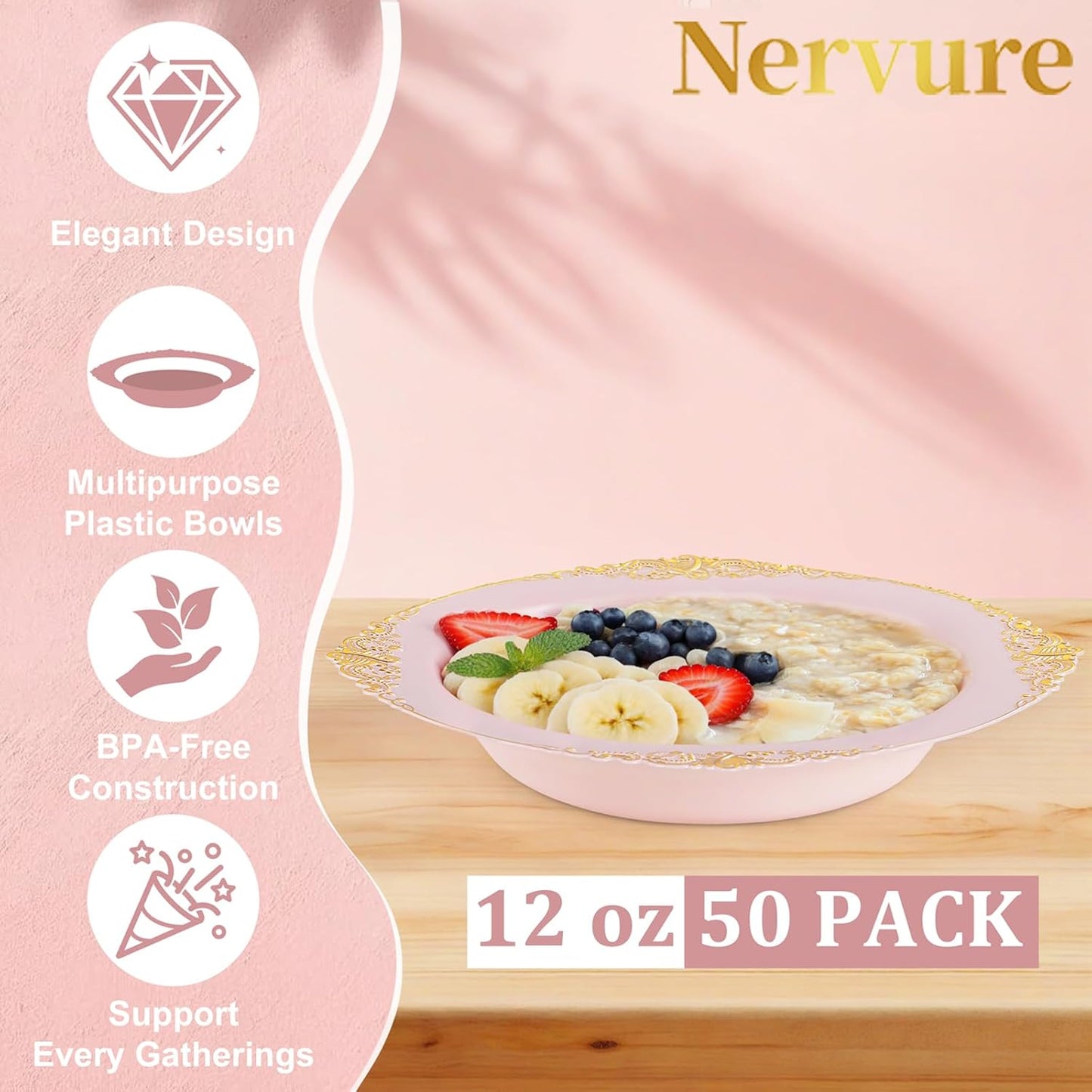 Nervure 50 Pack White Plastic Bowls with Gold Rim - 12oz Disposable Soup Bowls - Heavy Duty Dessert Bowl, Salad Bowl Perfect for Weddings, Parties, Mothers Day